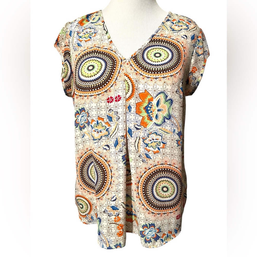 DR2 Colorful Print Cap Sleeve Blouse
